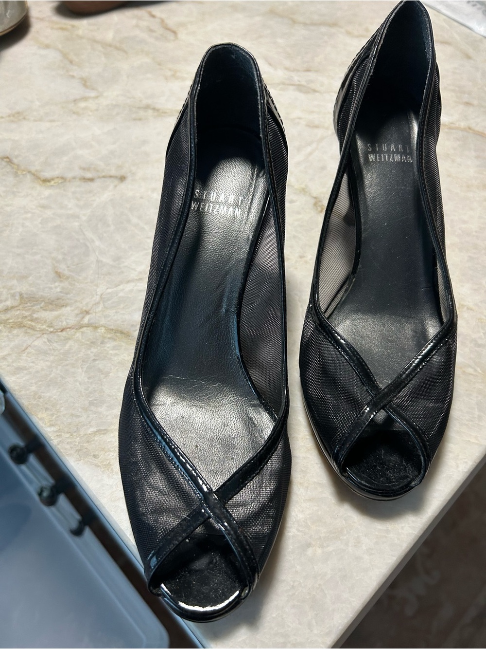 Stuart Weitzman Black Peep-Toe Crossover Mesh Pumps